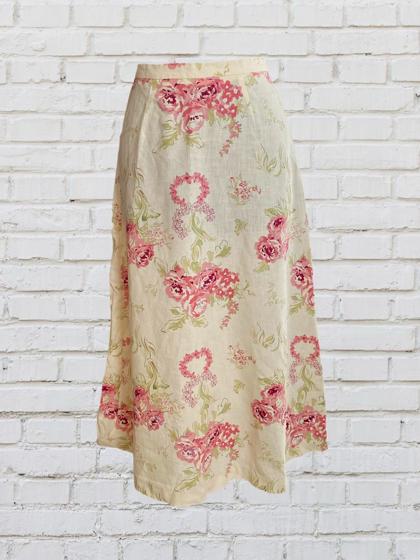 Vintage pink roses linen skirt - floral maxi linen skirt - vintage boho - 70s boho - vintage A-line