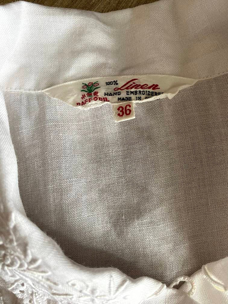 Vintage 1960-70s linen blouse with floral hand embroidery