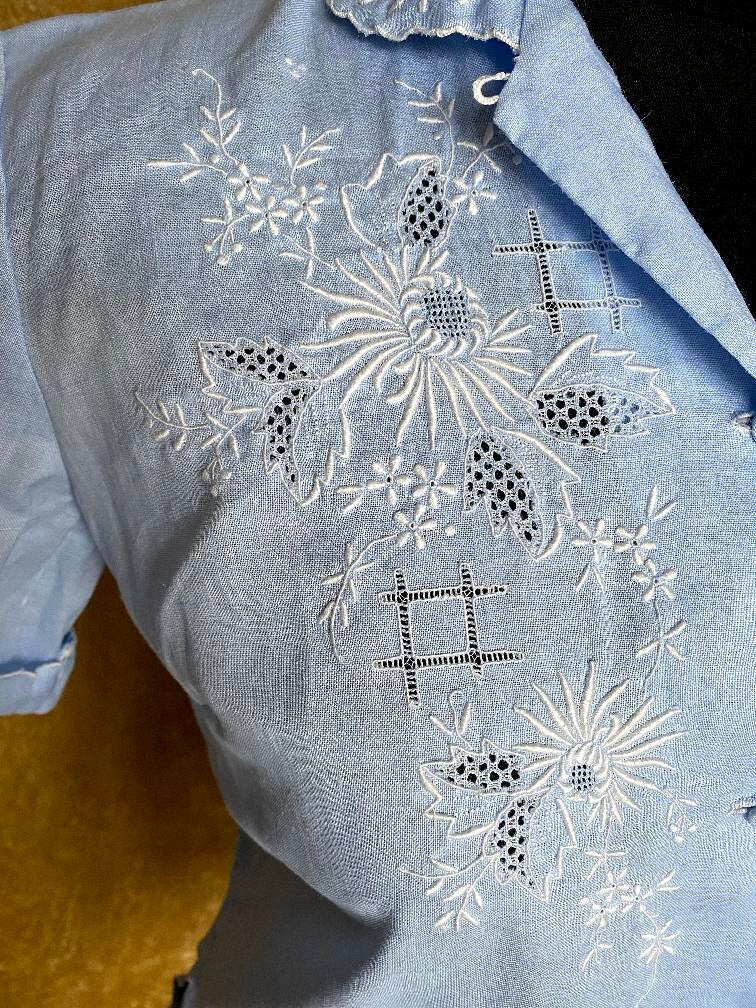 Vintage 1960-70s linen blouse with floral hand embroidery