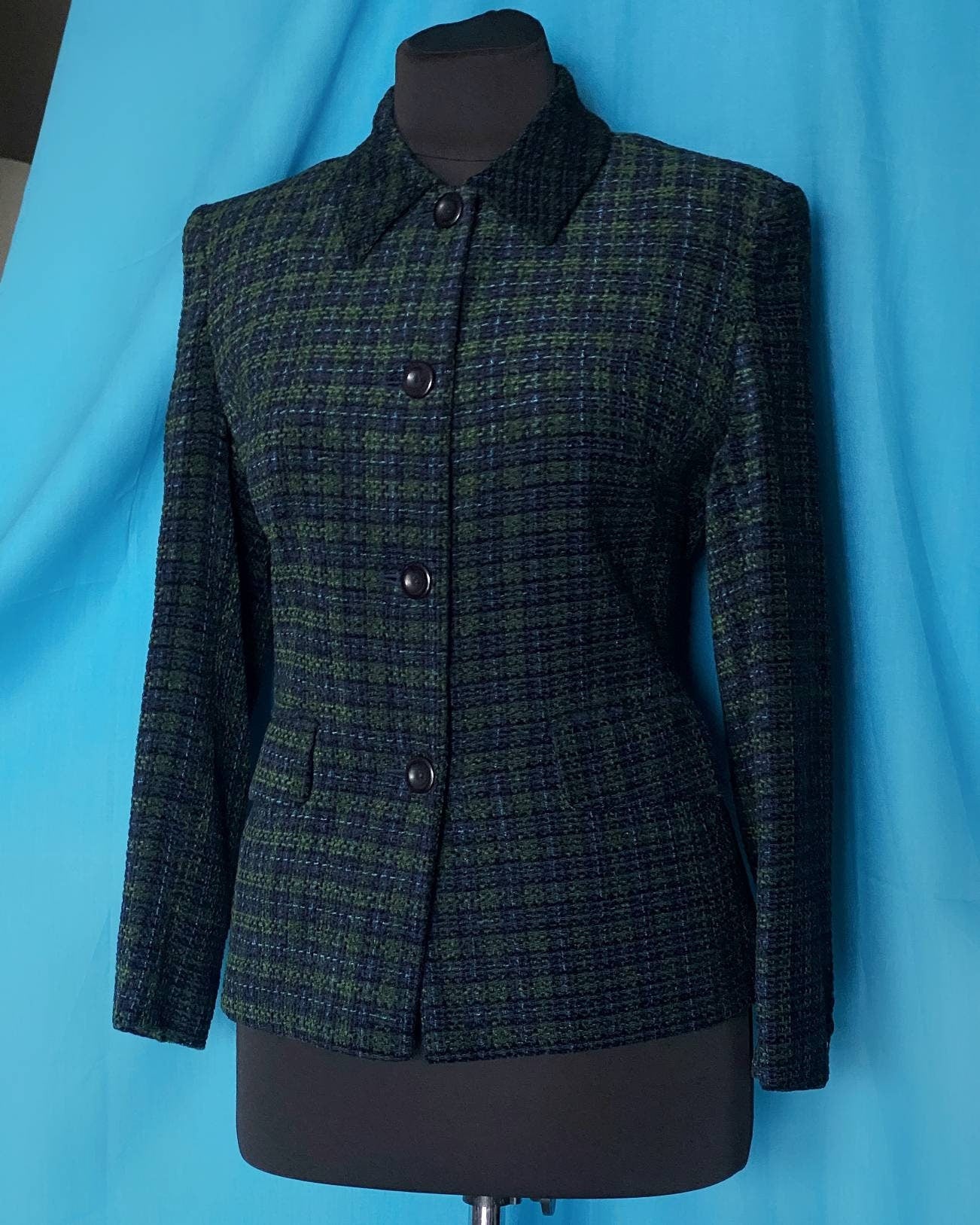 Vintage Alexon Tartan Textured Blazer - Blue and Green Tartan - 1990s Viscose Jacket