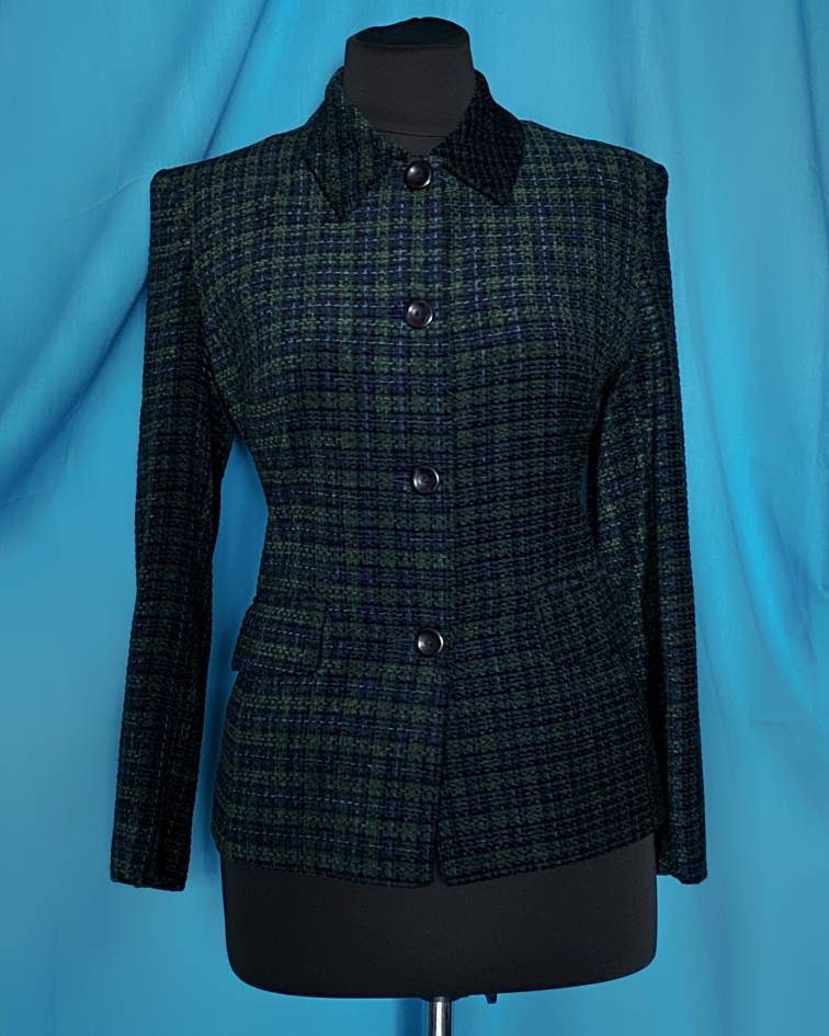 Vintage Alexon Tartan Textured Blazer - Blue and Green Tartan - 1990s Viscose Jacket