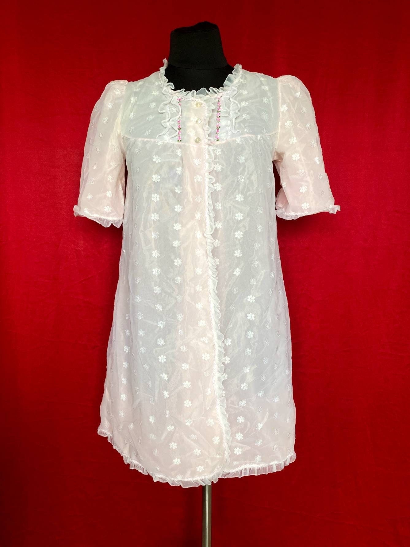 Vintage 1960s nylon night gown - night shift with flower embroidery and puffy sleeves