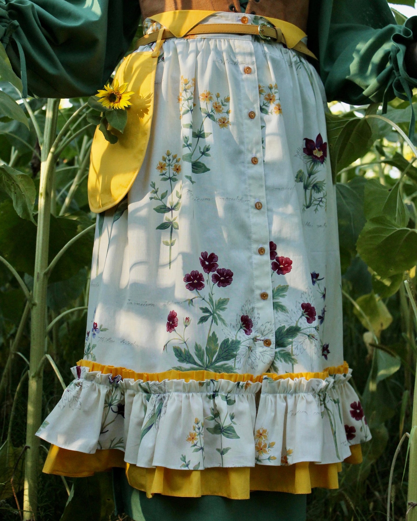 Vintage Inspired Set “Botanica” - Midi-Skirt With A Double Ruffle - Detachable Pocket - Floral Skirt With Buttons