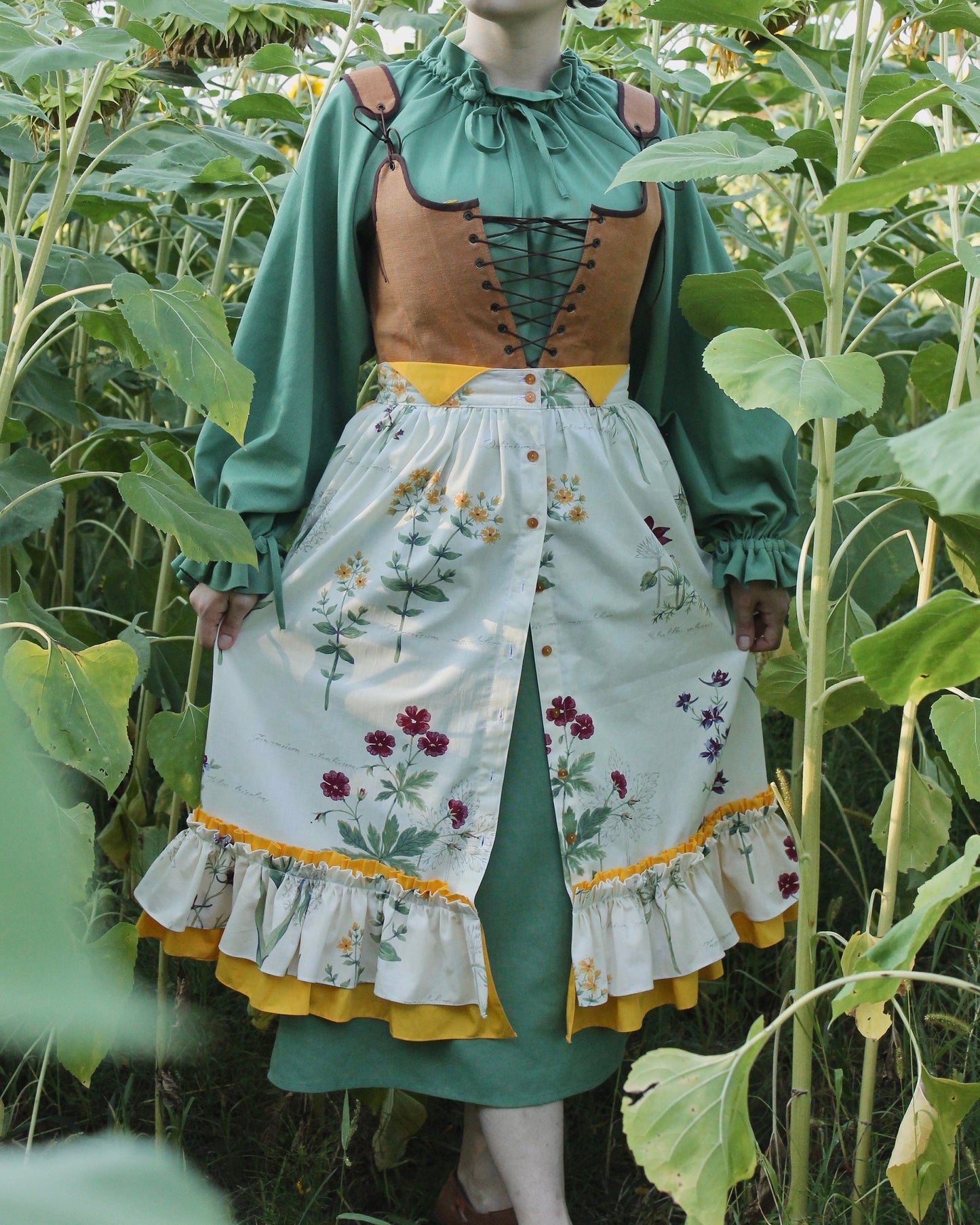 Vintage Inspired Set “Botanica” - Midi-Skirt With A Double Ruffle - Detachable Pocket - Floral Skirt With Buttons