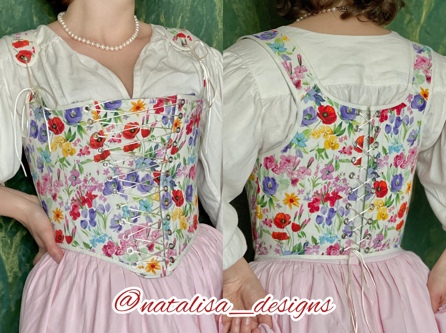 18th Century Inspired Stays "Idyll" – Reversible Overbust Corset with Front & Back Lacing – Renaissance Half-Boned Stays