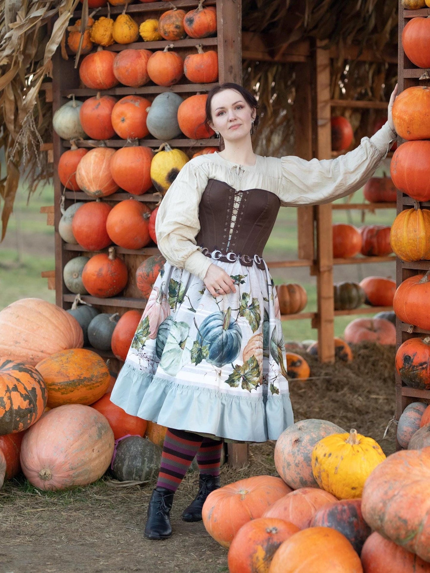 Vintage Inspired Coupon Style Midi-Skirt - Limited Edition Designer Skirt With Frills And Back Closure - Pumpkin Themed Skirt
