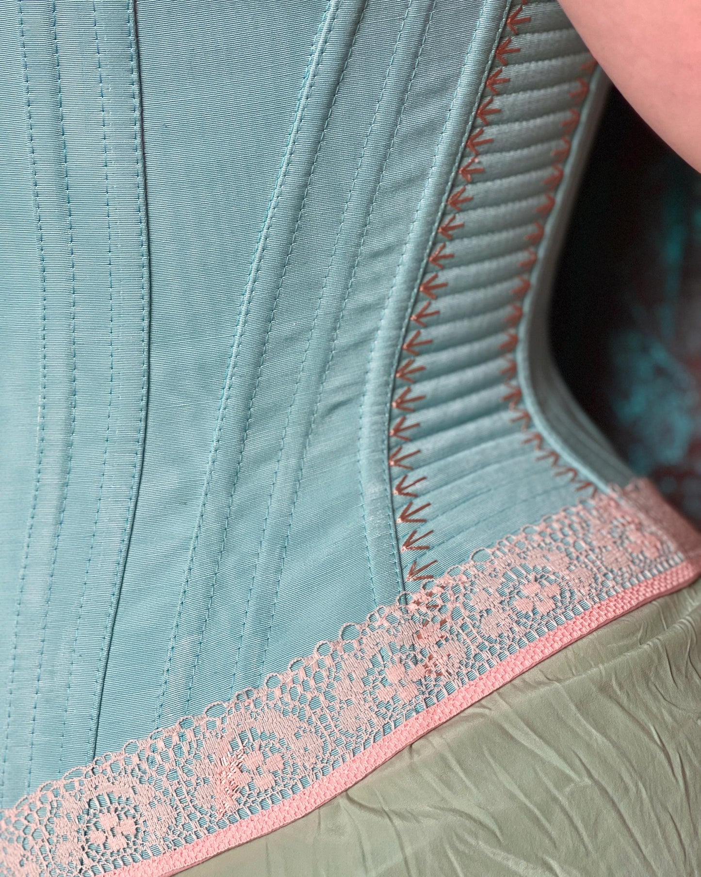 Late Victorian 1890-1900s Midbust Corset with Lace Decoration & Flossing – Historical Reproduction Silk Corset – Early Edwardian Corset