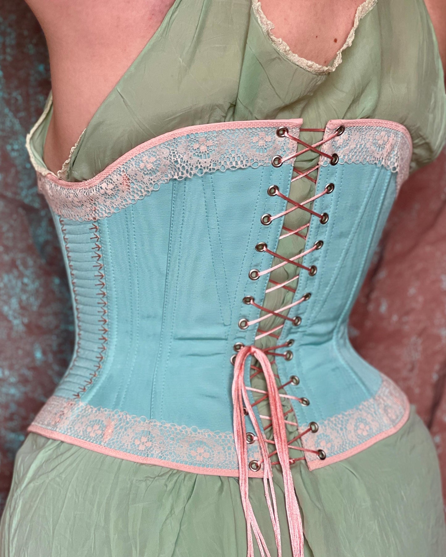 Late Victorian 1890-1900s Midbust Corset with Lace Decoration & Flossing – Historical Reproduction Silk Corset – Early Edwardian Corset