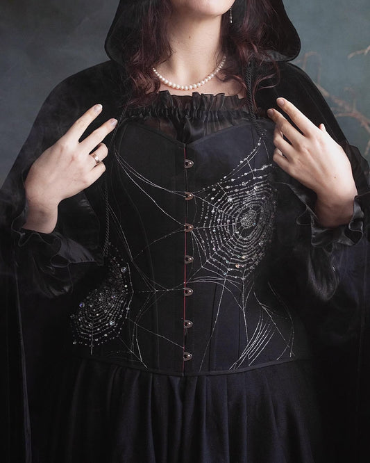Long Modern Hourglass Corset – Hand Embroidered with Realistic Spider Web, Gothic Overbust Corset with Busk