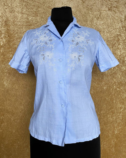 Vintage 1960-70s linen blouse with floral hand embroidery