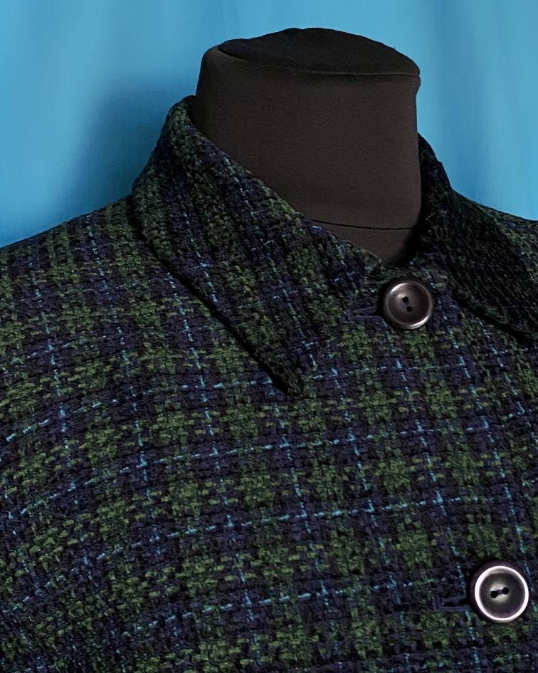 Vintage Alexon Tartan Textured Blazer - Blue and Green Tartan - 1990s Viscose Jacket