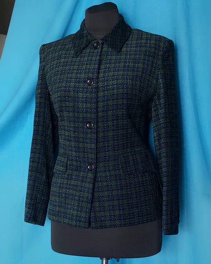 Vintage Alexon Tartan Textured Blazer - Blue and Green Tartan - 1990s Viscose Jacket