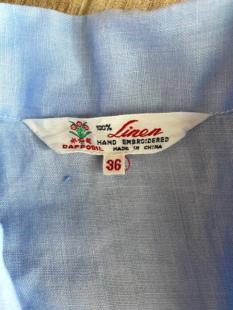 Vintage 1960-70s linen blouse with floral hand embroidery