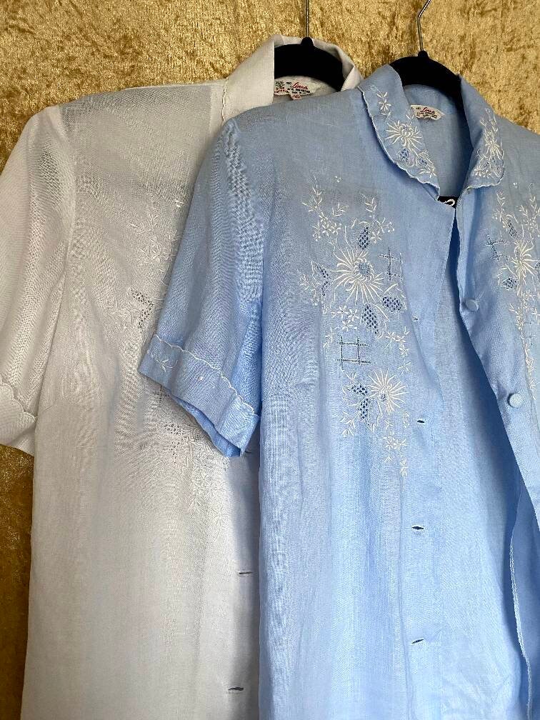 Vintage 1960-70s linen blouse with floral hand embroidery