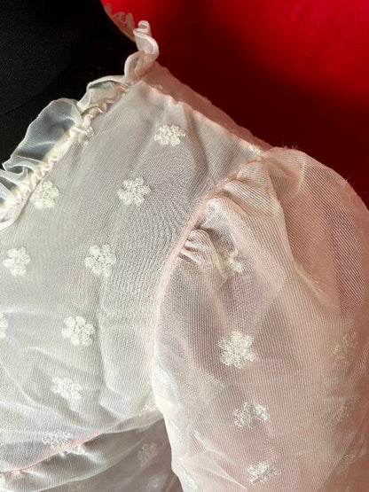 Vintage 1960s nylon night gown - night shift with flower embroidery and puffy sleeves