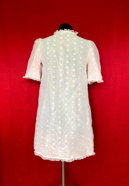 Vintage 1960s nylon night gown - night shift with flower embroidery and puffy sleeves