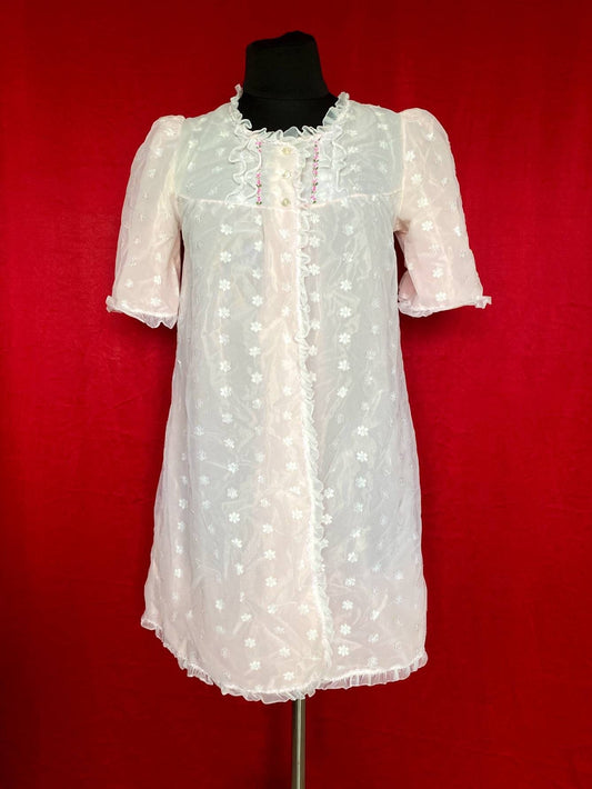 Vintage 1960s nylon night gown - night shift with flower embroidery and puffy sleeves