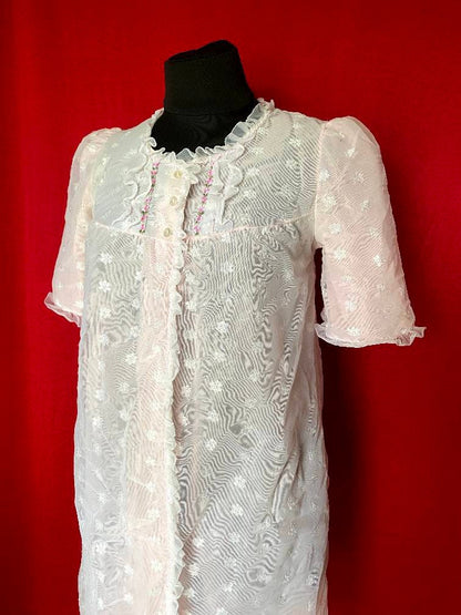 Vintage 1960s nylon night gown - night shift with flower embroidery and puffy sleeves