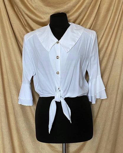 Vintage 1980s bottom tie blouse with frilly sleeves and wide collar
