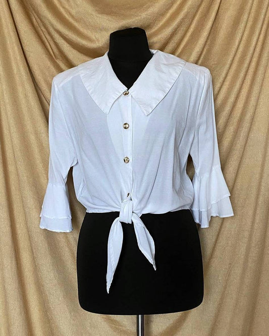 Vintage 1980s bottom tie blouse with frilly sleeves and wide collar