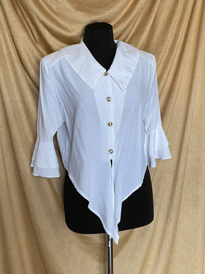 Vintage 1980s bottom tie blouse with frilly sleeves and wide collar