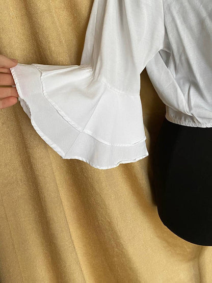 Vintage 1980s bottom tie blouse with frilly sleeves and wide collar