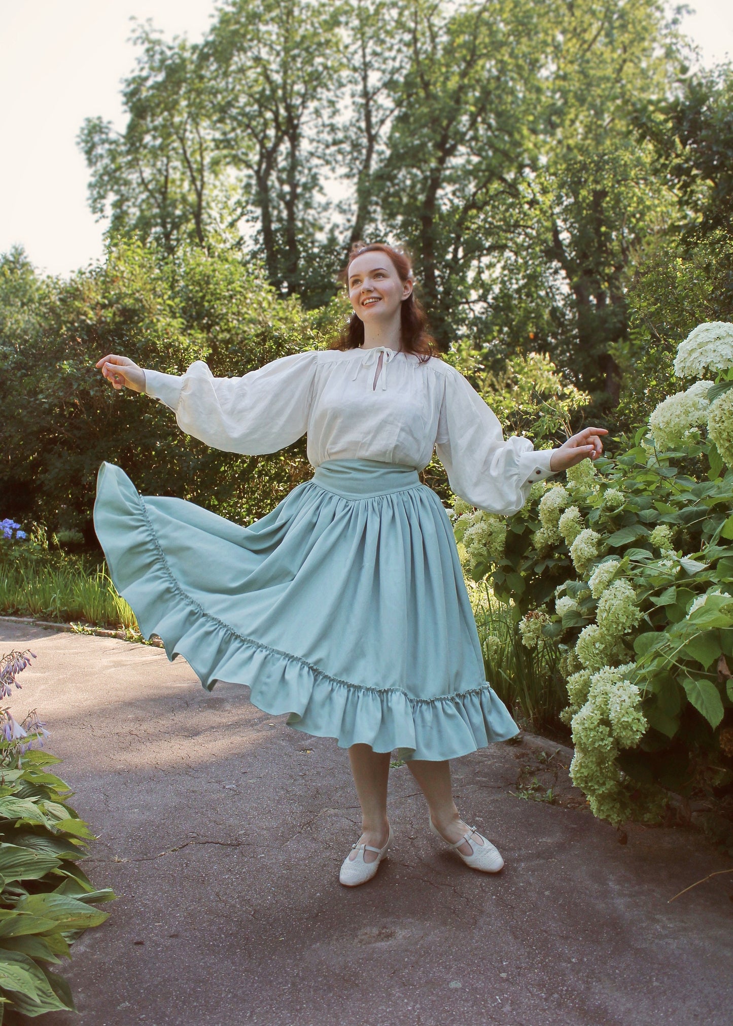 Vintage Inspired Full Midi-Skirt "Peony" - Designer Skirt With Frills And Back Lacing - Skirt With Adjustable Waist