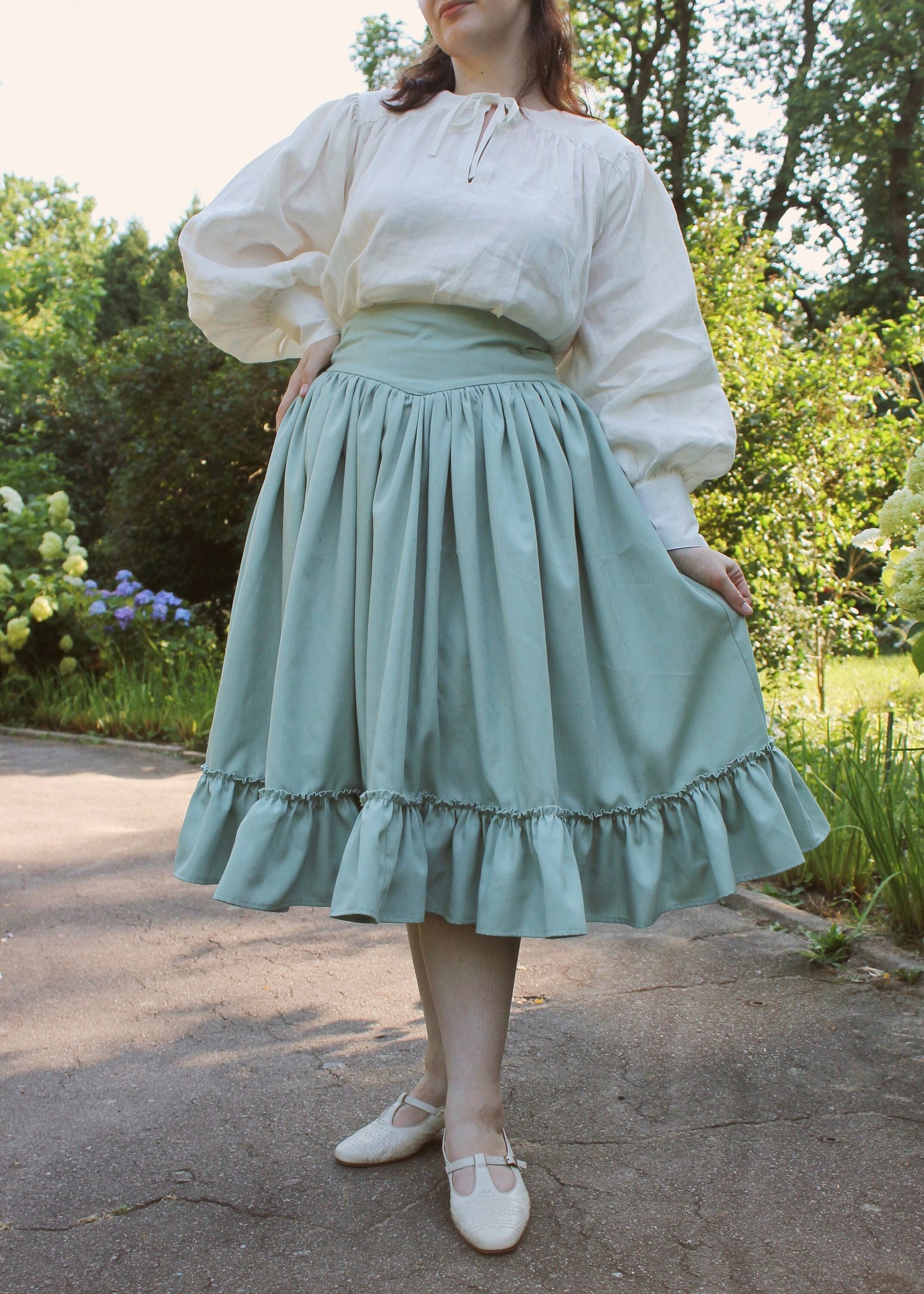 Vintage Inspired Full Midi-Skirt "Peony" - Designer Skirt With Frills And Back Lacing - Skirt With Adjustable Waist