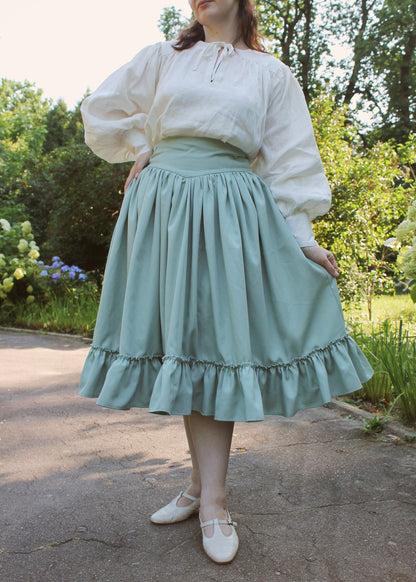 Vintage Inspired Full Midi-Skirt "Peony" - Designer Skirt With Frills And Back Lacing - Skirt With Adjustable Waist