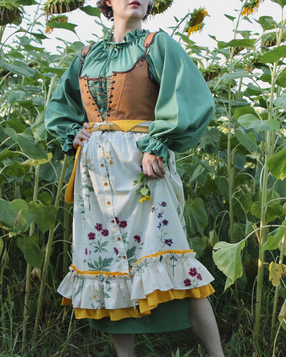 Vintage Inspired Set “Botanica” - Midi-Skirt With A Double Ruffle - Detachable Pocket - Floral Skirt With Buttons