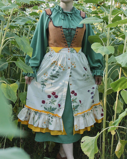 Vintage Inspired Set “Botanica” - Midi-Skirt With A Double Ruffle - Detachable Pocket - Floral Skirt With Buttons