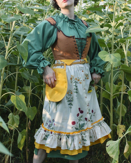 Vintage Inspired Set “Botanica” - Midi-Skirt With A Double Ruffle - Detachable Pocket - Floral Skirt With Buttons