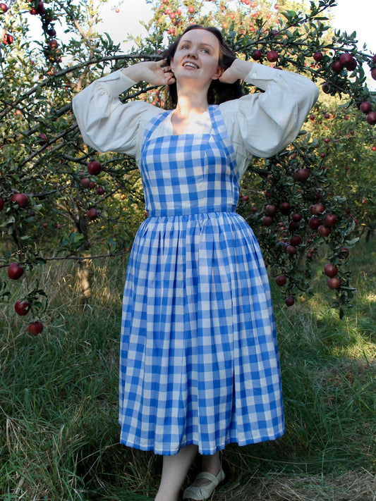 Vintage Inspired 1950s Pinafore Dress "Blueberry Pie" - Gingham Dress - Plaid Pinafore Dress - Adjustable Dress - Cottagecore - cotton/linen