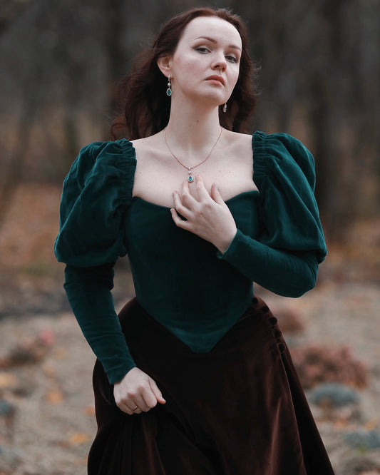One-Layer 18th Century Velvet Corset Top "Royalty" – Overbust Corset with Detachable Puffy Sleeves, Elizabethan Inspired