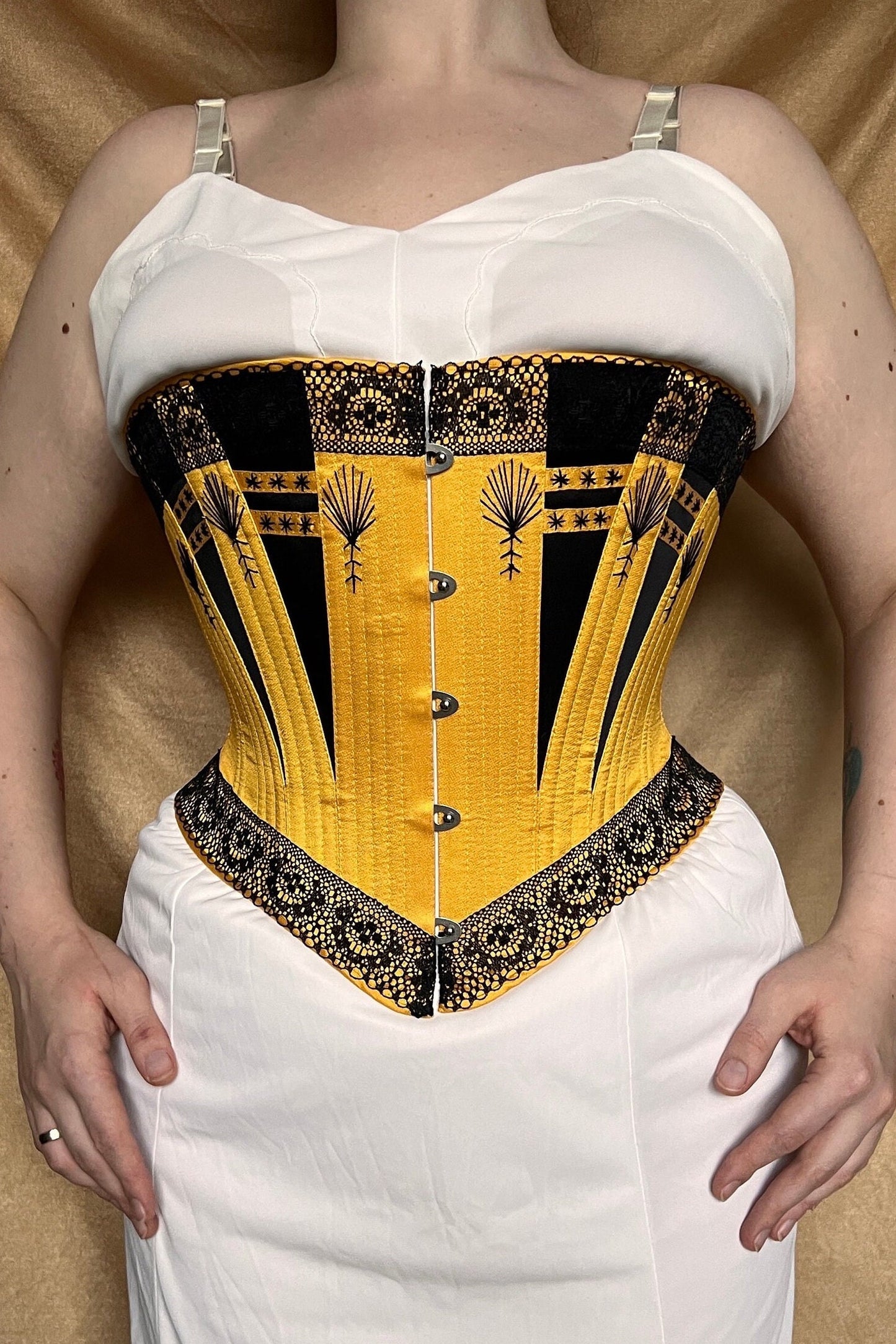 Victorian c.1885 Midbust Corset with Lace Decoration – Copy of a Met Museum Exhibit – Historical Reproduction Silk Corset