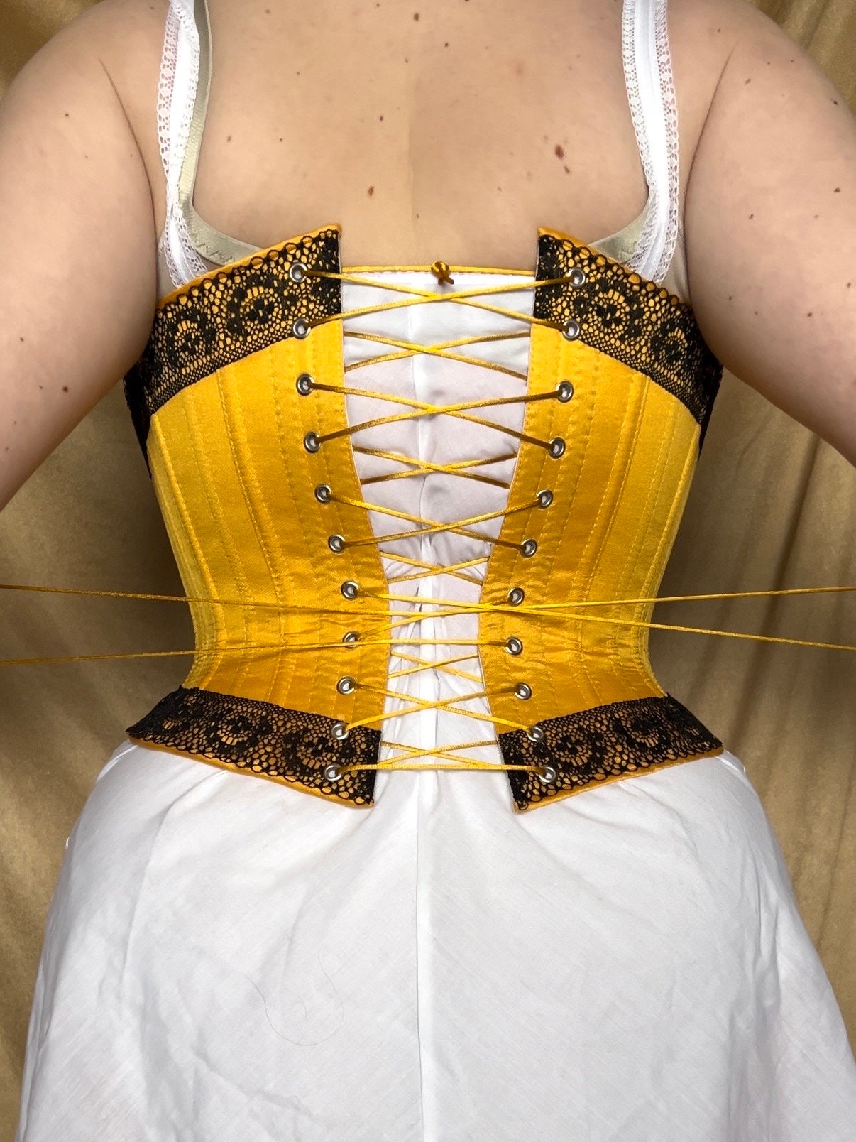 Victorian c.1885 Midbust Corset with Lace Decoration – Copy of a Met Museum Exhibit – Historical Reproduction Silk Corset
