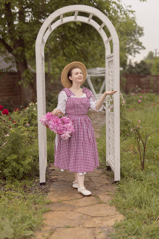 Vintage 1950s Inspired Pinafore Dress “Cherry Pie” - Gingham Dress - Plaid Apron - Adjustable Dress - Cottagecore - cotton/linen