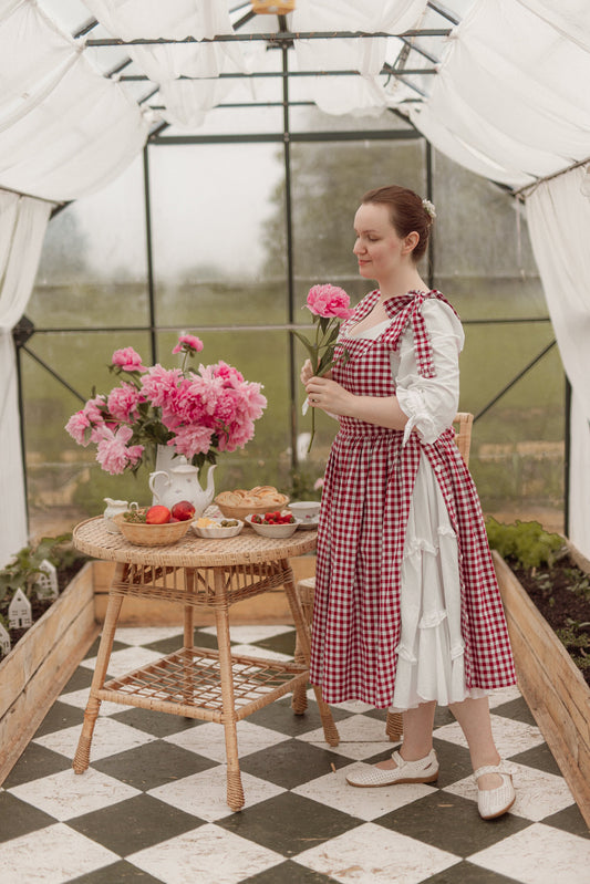 Vintage Inspired 1950s Pinafore Dress "Cherry Pie" - Gingham Dress - Plaid Apron - Adjustable Dress - Cottagecore - cotton/linen