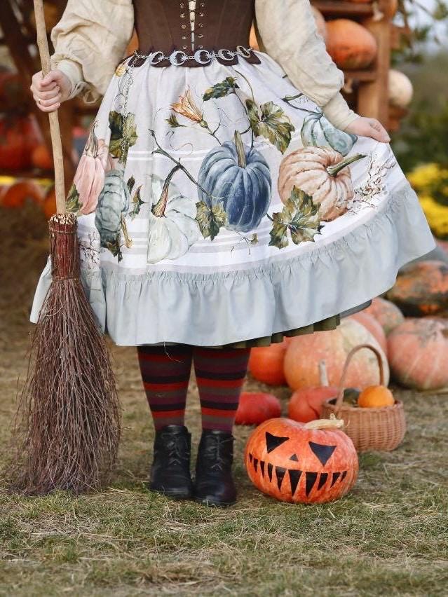 Vintage Inspired Coupon Style Midi-Skirt - Limited Edition Designer Skirt With Frills And Back Closure - Pumpkin Themed Skirt