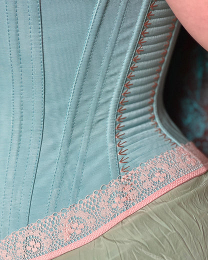 Late Victorian 1890-1900s Midbust Corset with Lace Decoration & Flossing – Historical Reproduction Silk Corset – Early Edwardian Corset