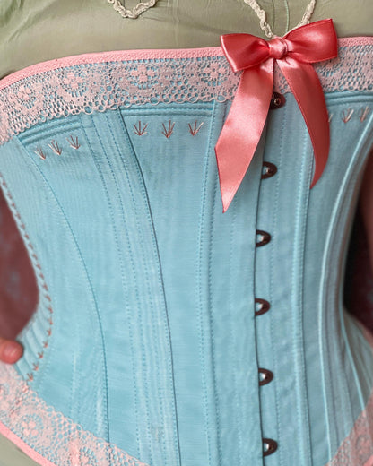 Late Victorian 1890-1900s Midbust Corset with Lace Decoration & Flossing – Historical Reproduction Silk Corset – Early Edwardian Corset