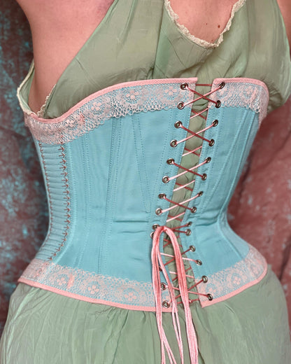 Late Victorian 1890-1900s Midbust Corset with Lace Decoration & Flossing – Historical Reproduction Silk Corset – Early Edwardian Corset