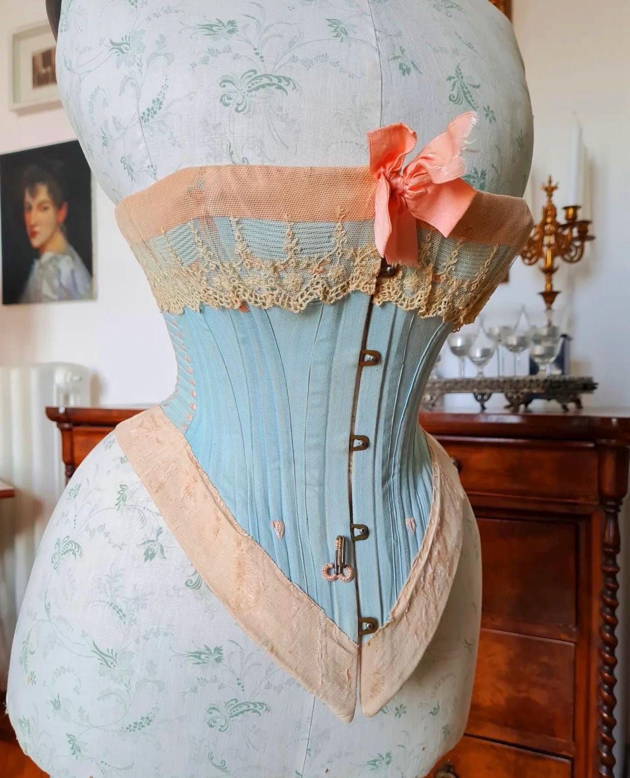 Late Victorian 1890-1900s Midbust Corset with Lace Decoration & Flossing – Historical Reproduction Silk Corset – Early Edwardian Corset