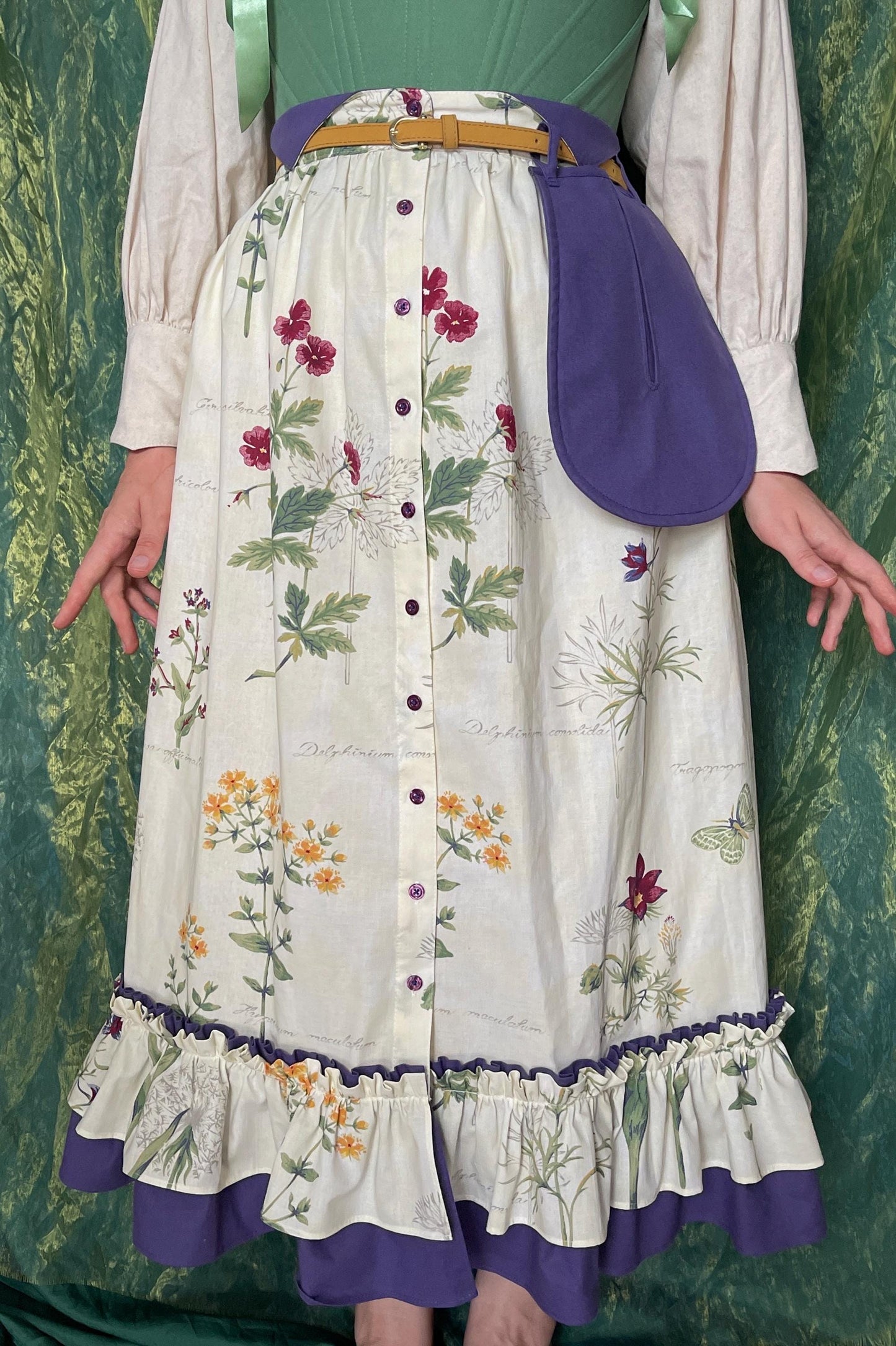 Vintage Inspired Set “Botanica” - Midi-Skirt With A Double Ruffle - Detachable Pocket - Floral Skirt With Buttons