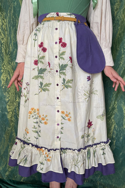 Vintage Inspired Set “Botanica” - Midi-Skirt With A Double Ruffle - Detachable Pocket - Floral Skirt With Buttons