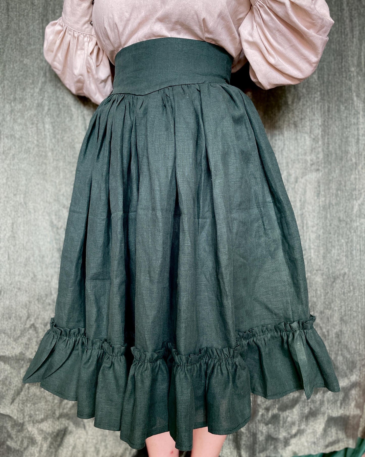 Vintage Inspired Full Midi-Skirt "Peony" - Designer Skirt With Frills And Back Lacing - Skirt With Adjustable Waist