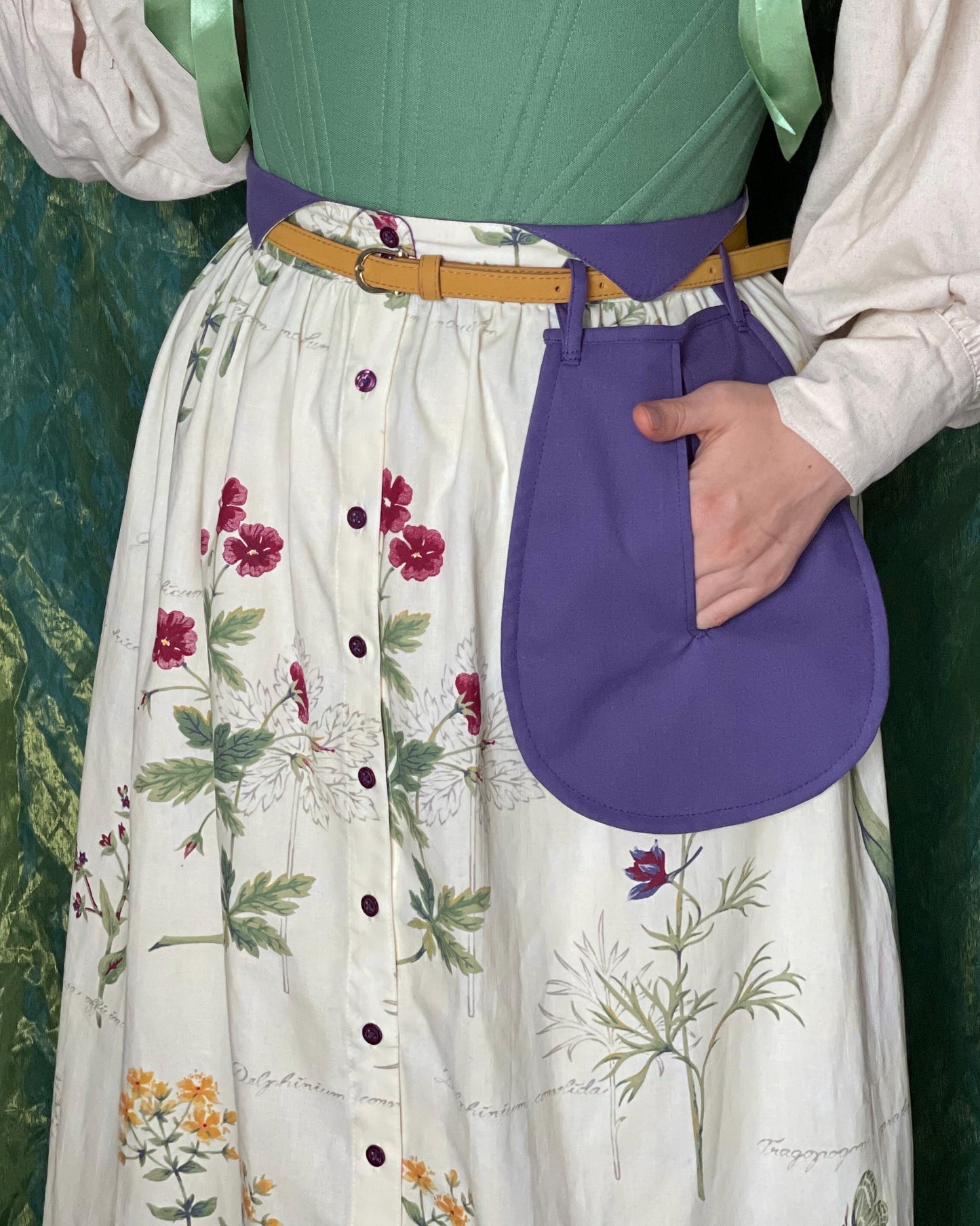 Vintage Inspired Set “Botanica” - Midi-Skirt With A Double Ruffle - Detachable Pocket - Floral Skirt With Buttons