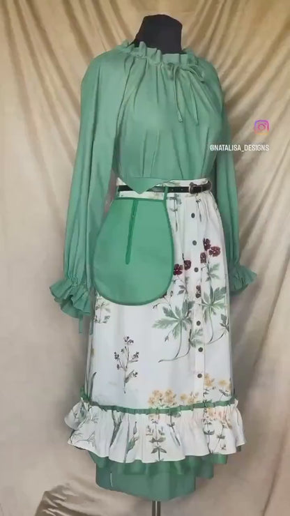 Vintage Inspired Set “Botanica” - Midi-Skirt With A Double Ruffle - Detachable Pocket - Floral Skirt With Buttons